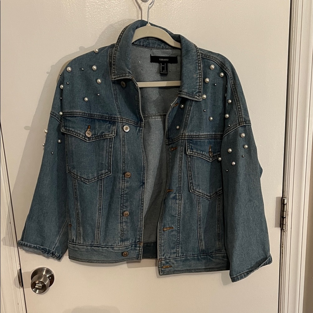 Forever 21 Blue Denim Jacket with Pearl Details